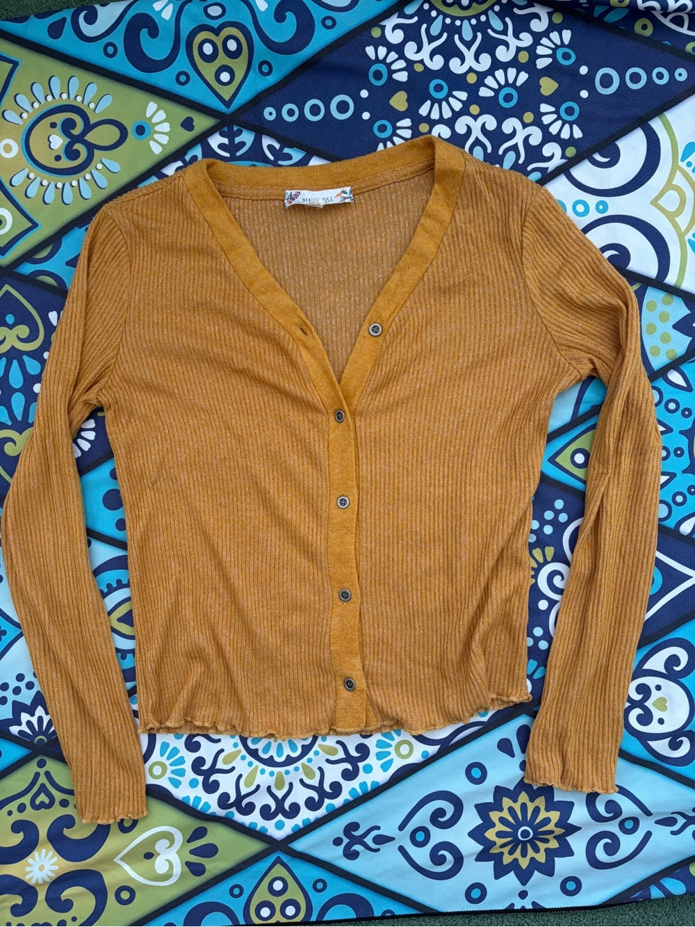 Pink Rose Ribbed Button-Front Long-Sleeve Top in Mustard